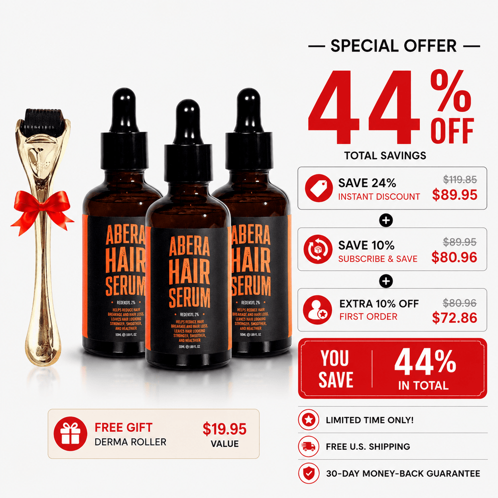 Abera Hair Serum with Redensyl — 3 Month Supply (3 Bottles) + Free Gold Scalp Roller