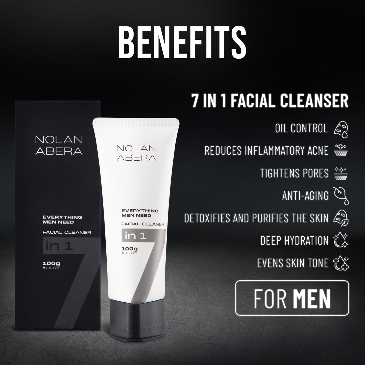 Abera Nolan Daily Facial Cleanser for Men - Oil Control & Deep Cleansing, 3.53oz